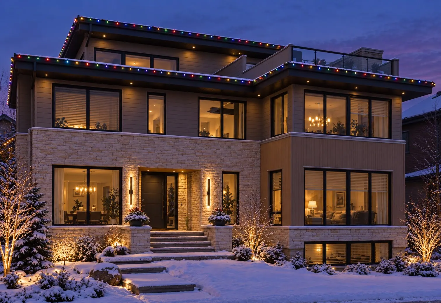 Modern three-storey home with multicolour bulbs along every flat roofline, above a snowy front garden at dusk