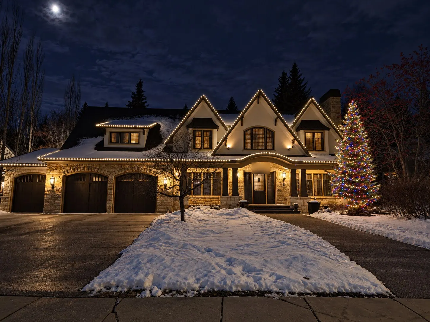 Two-storey stone home with warm white lights along every roofline and three lit gables, beside a spruce wrapped in multicolour lights, on a snowy night