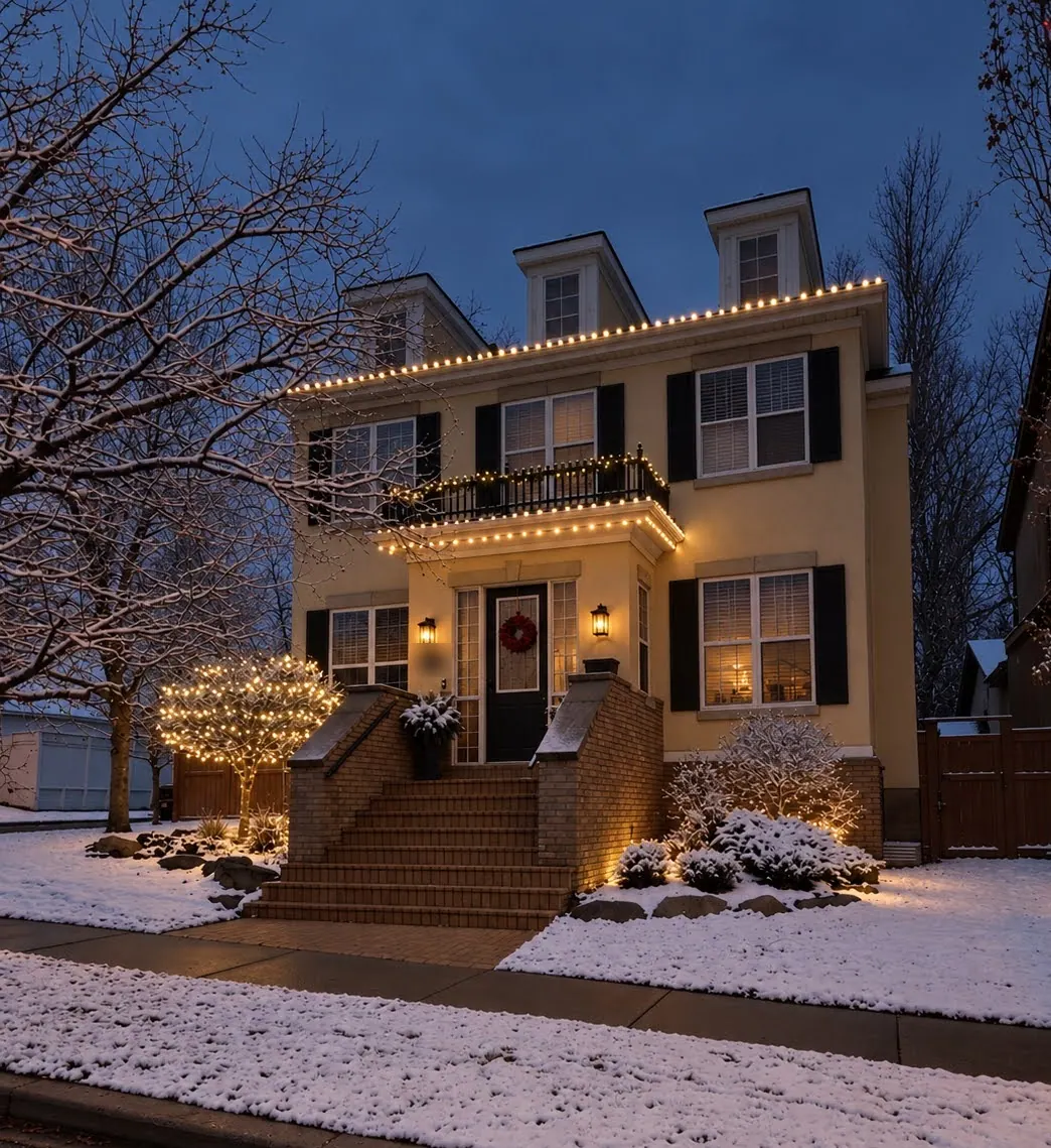 Three-storey home with warm white lights along the roofline and balcony, beside a tree filled with warm white lights, on a snowy evening