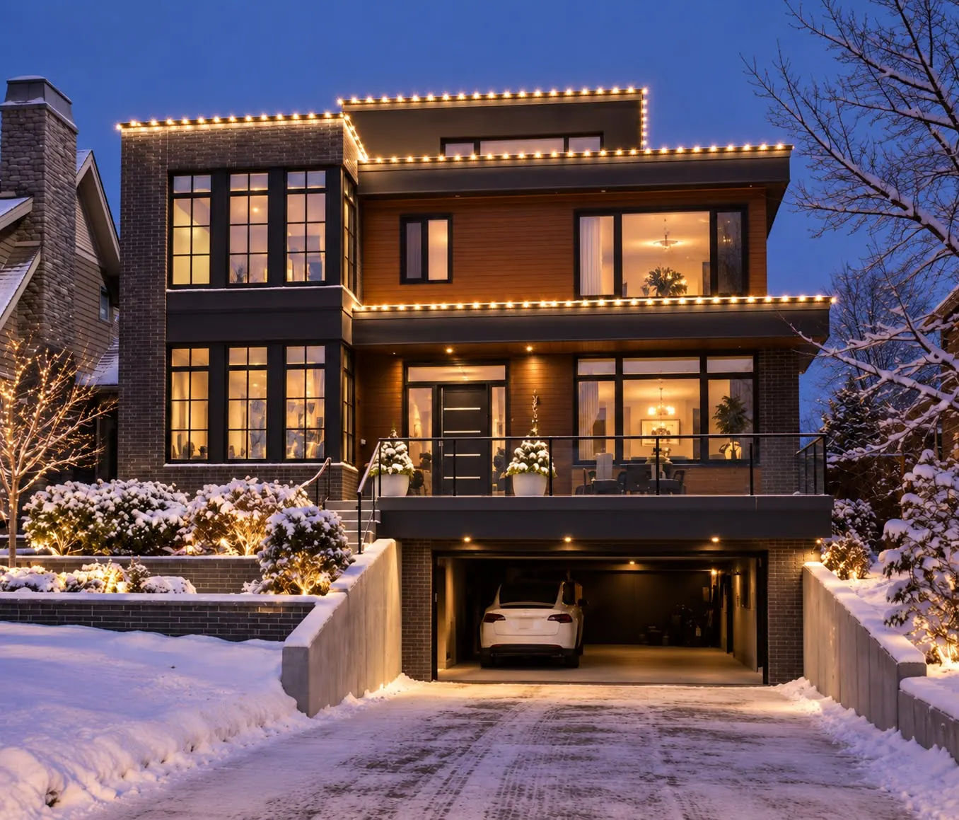 Modern three-storey home with warm white lights along each flat roofline, above a snowy driveway at blue hour