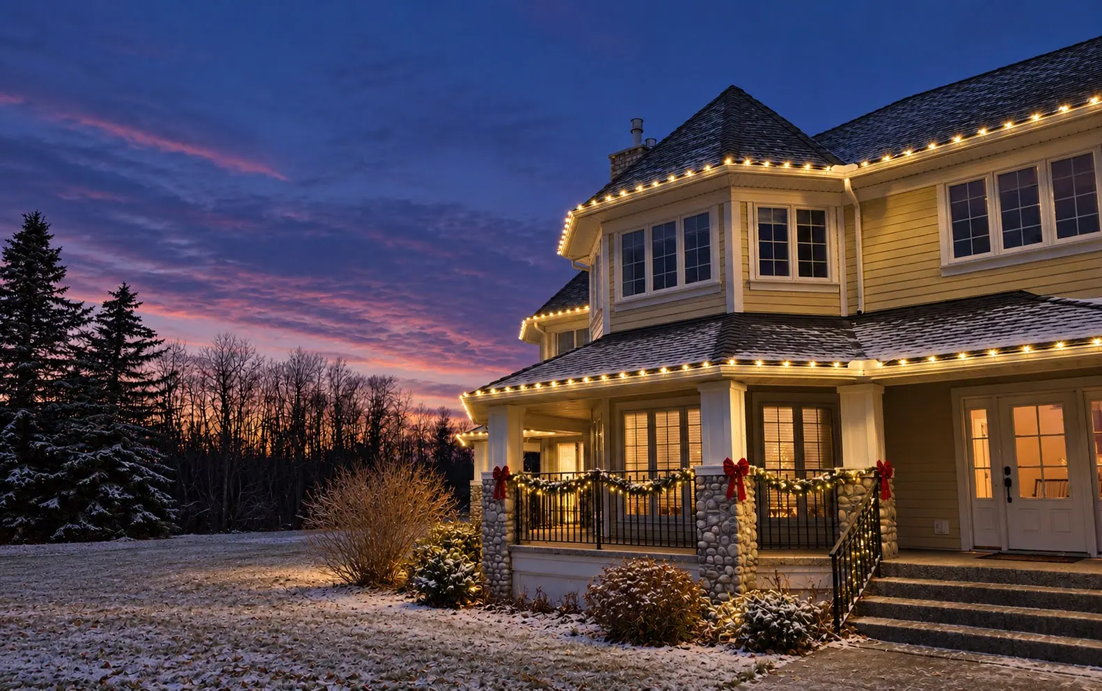 Two-storey home with warm white bulbs along every roofline and garland on the porch railings, at sunset in the snow