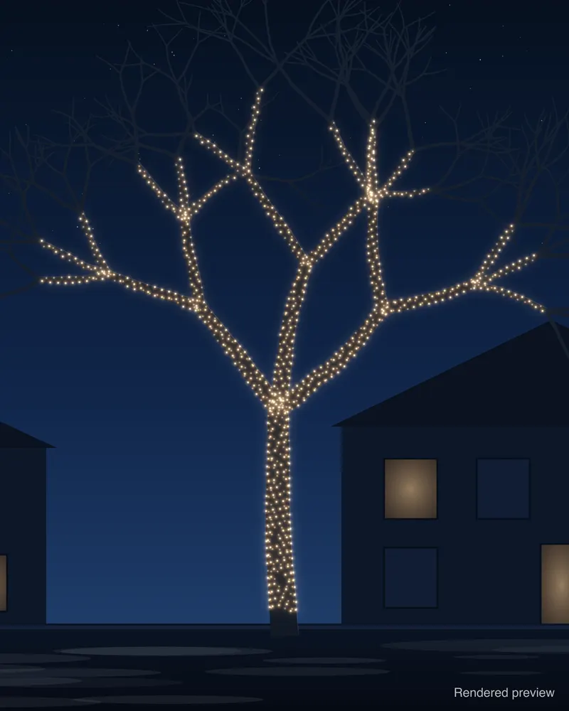 A bare tree wrapped in warm white tree lights, rendered preview