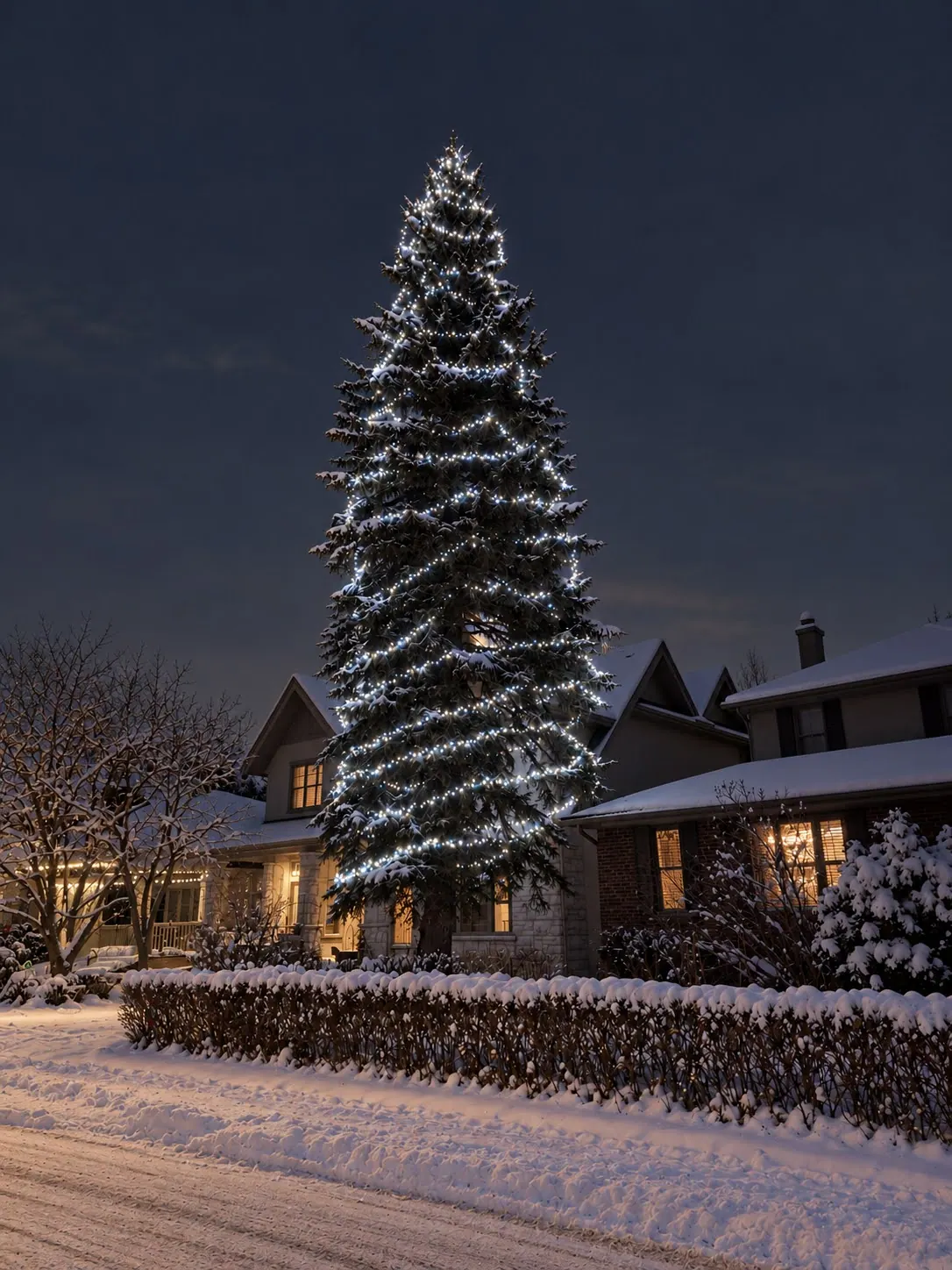 Tall spruce wrapped in cool white mini lights between snowy homes at dusk