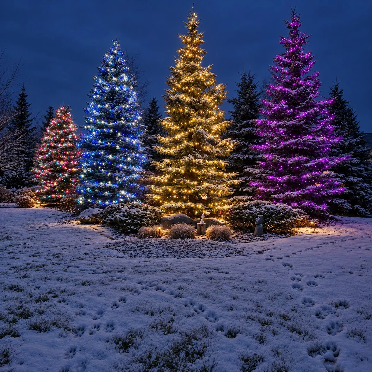 Four spruces wrapped in multicolour, blue, warm white and purple mini lights at dusk