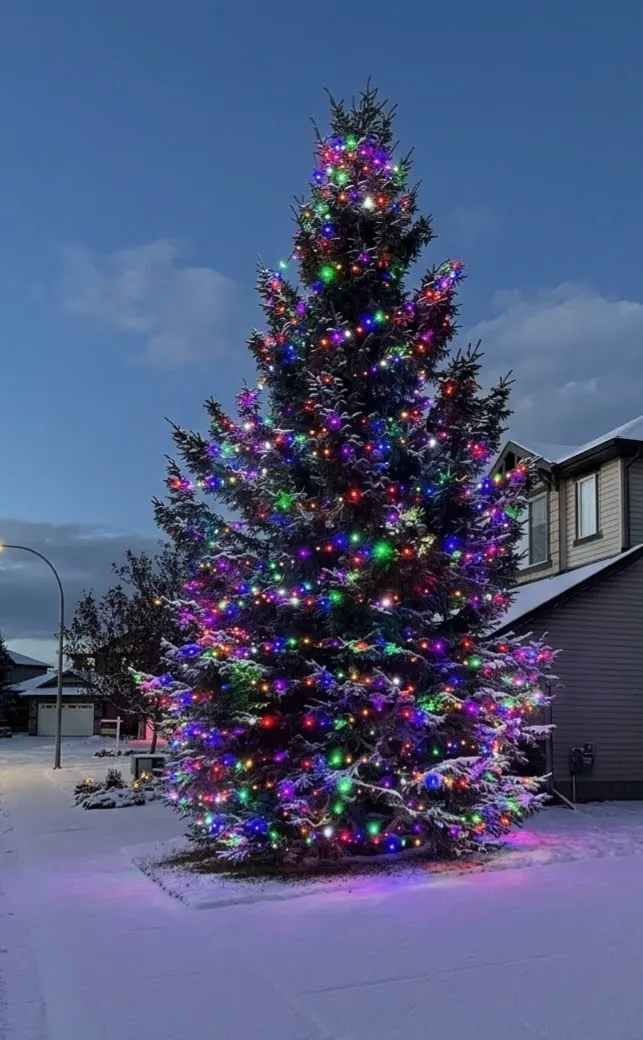 Spruce in a snowy front yard wrapped from base to tip in multicolour mini lights, at dusk