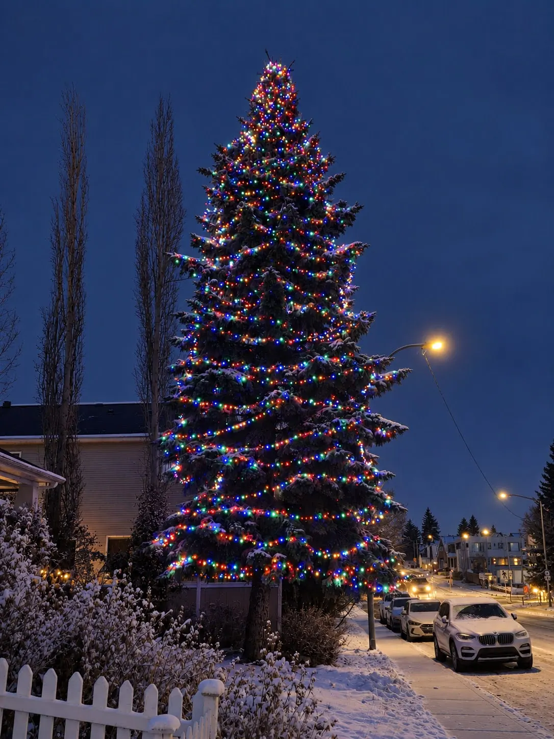 Very tall spruce wrapped in multicolour mini lights on a corner lot beside a snowy street at dusk