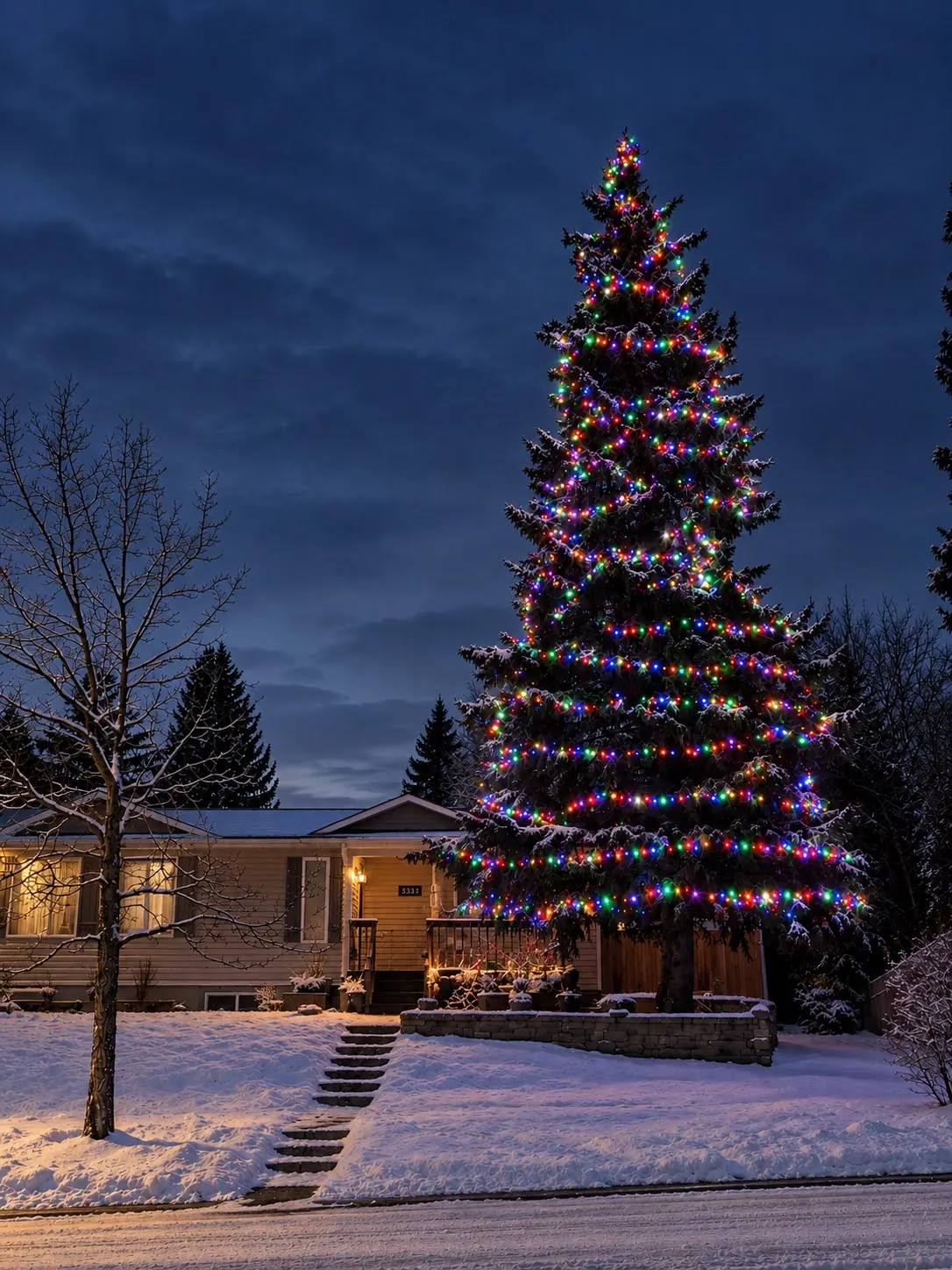Tall spruce wrapped in multicolour mini lights in front of a bungalow on a snowy evening