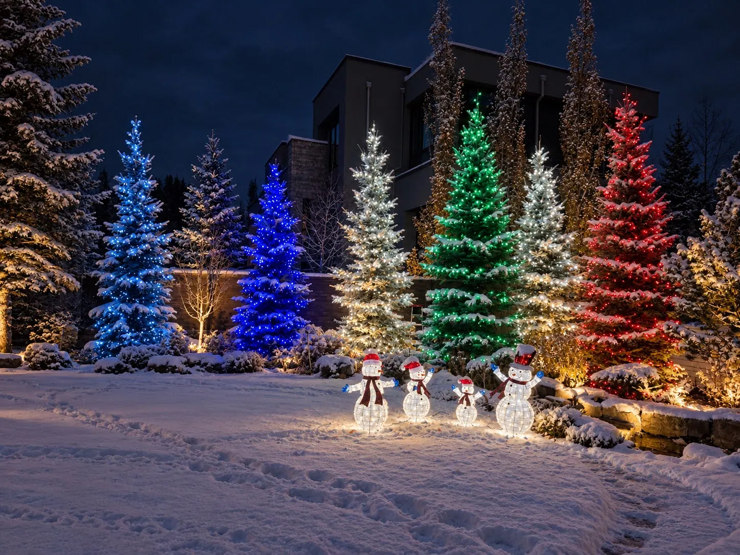 Front yard of spruces, each wrapped in one colour of mini lights (blue, white, green and red), with light-up snowmen on the snow at night