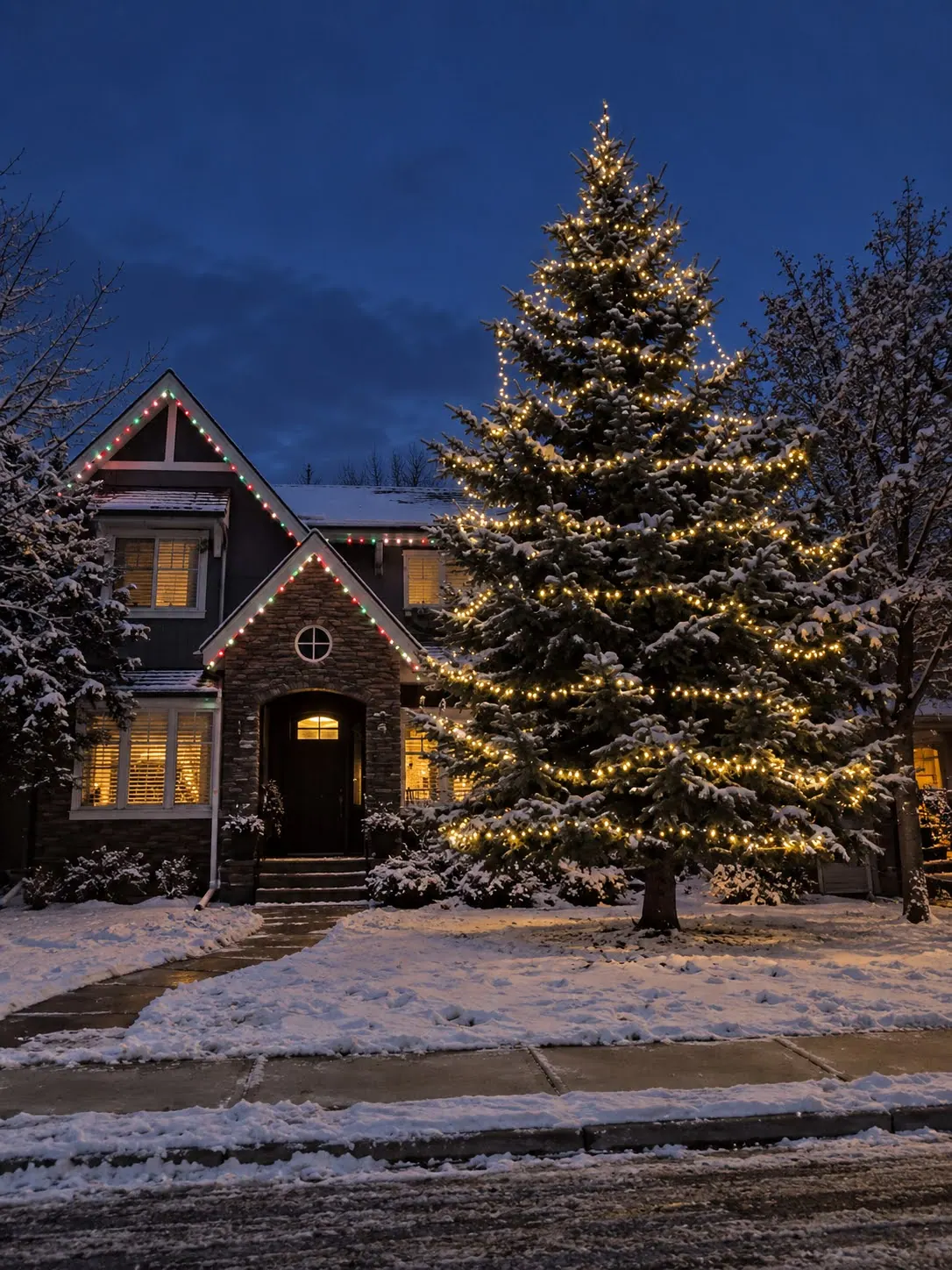 Tall spruce wrapped in warm white mini lights in front of a home on a snowy evening