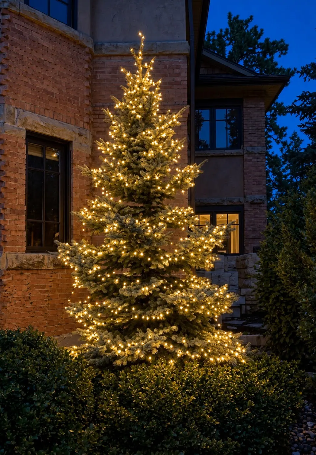 Spruce wrapped in warm white mini lights beside a brick home at dusk