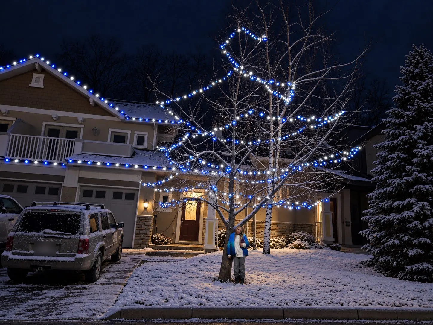 Birch trees in a front yard wrapped in blue and white bulbs to match the home's blue and white roofline, on a snowy evening