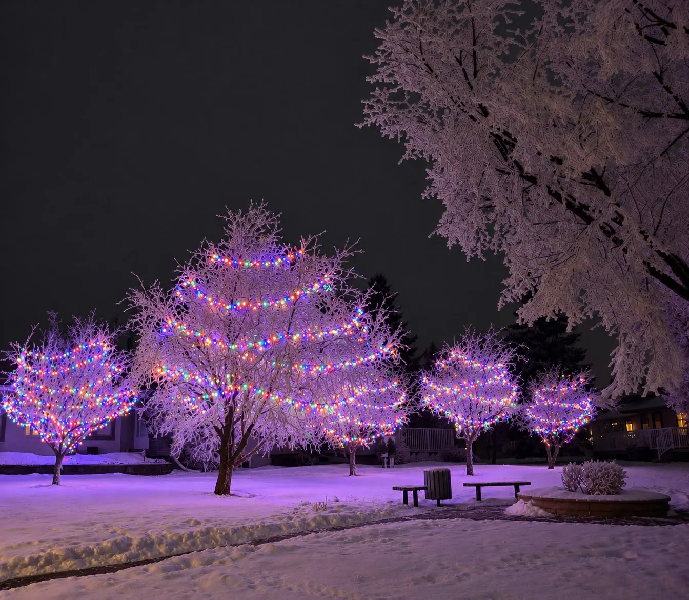 Row of small deciduous trees in a snowy park, each canopy wrapped as a globe of multicolour mini lights at night