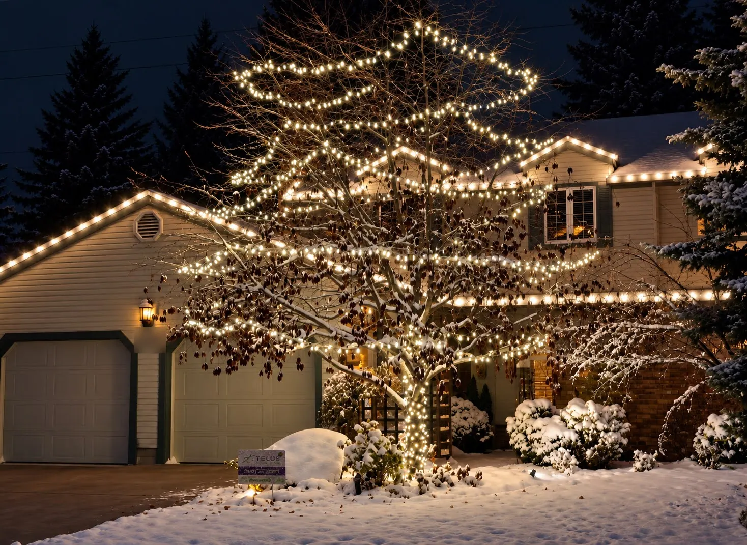 Front-yard deciduous tree with its canopy wrapped in warm white bulbs, in front of a home with a warm white roofline, on a snowy evening