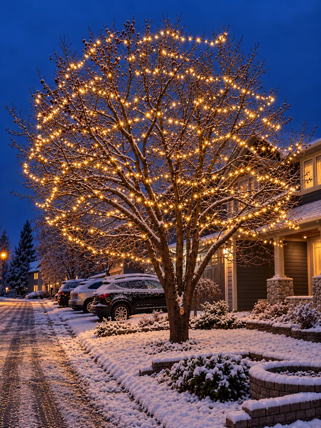 Warm white globe wrap on a front-yard tree in Calgary by The Light Elves