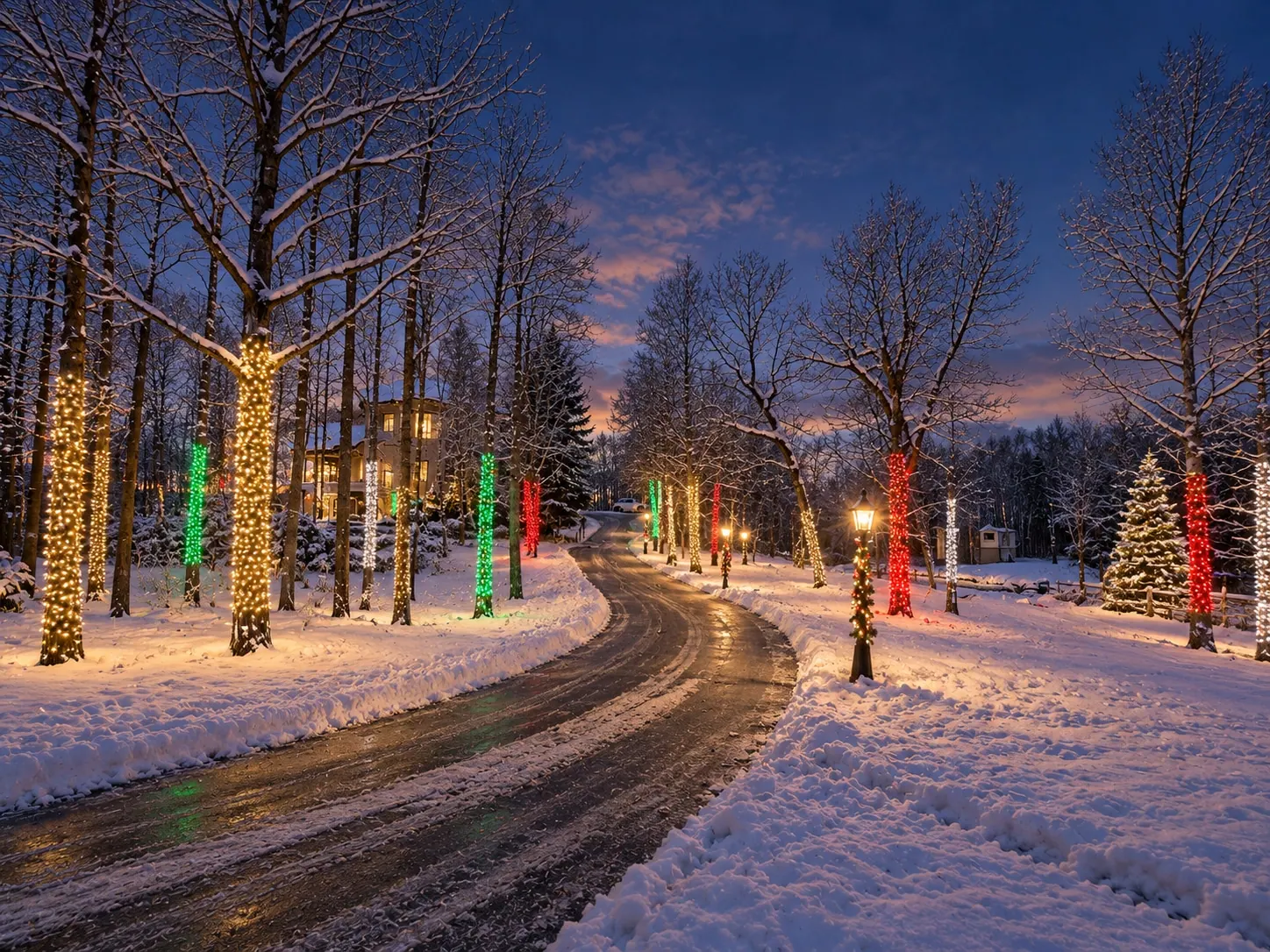 Winding driveway through a snowy acreage at dusk, lined with tree trunks wrapped in warm white, green and red mini lights, leading to a lit home